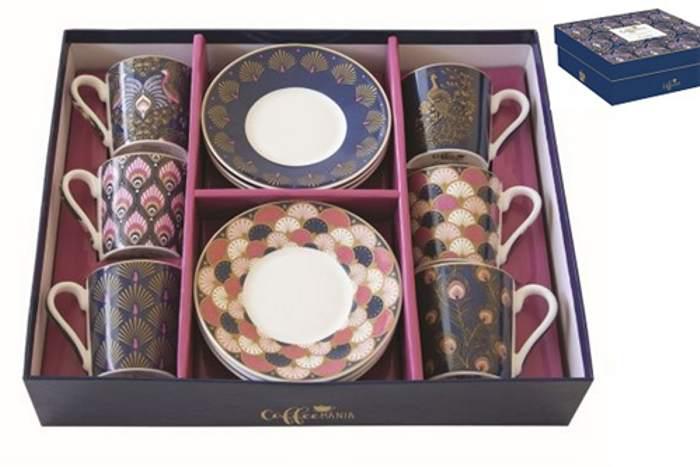 R2S.126PECK Porcelán eszpresszócsésze+alj 6 személyes, 100 ml dobozban,Coffee Mania Peacock