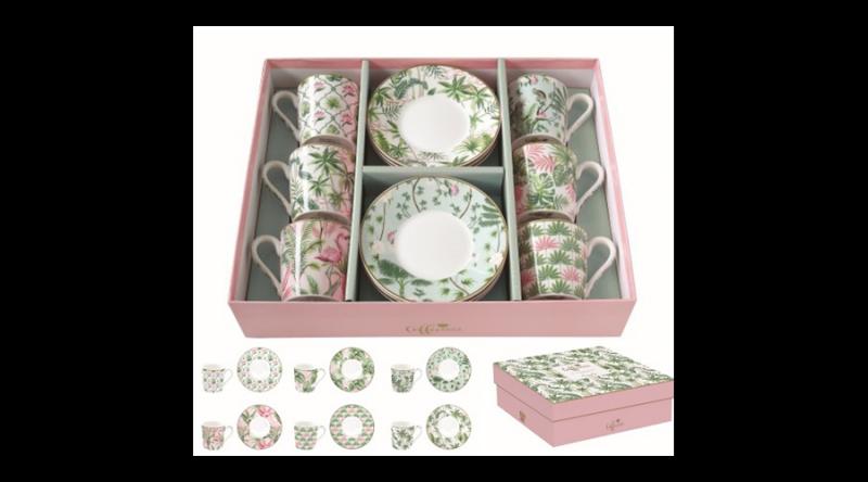 R2S.126WILD Porcelán eszpresszócsésze+alj 6 személyes, 100ml, dobozban,Coffee Mania Wild Tropical