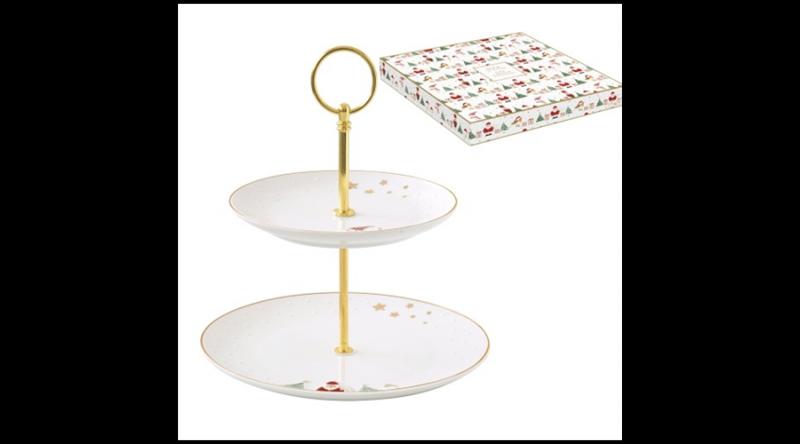 R2S.1339LSNO Porcelán süteményes állvány 2 emeletes, 16/21cm, dobozban, Let it Snow