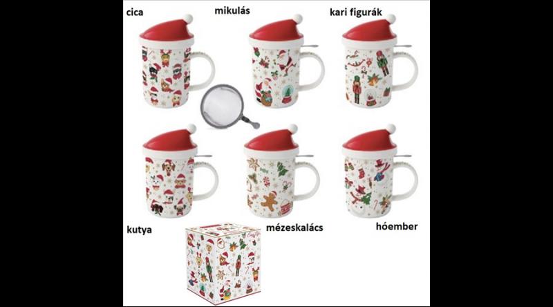 R2S.1345CRFR Porcelánbögre 370ml, tetővel, fémszűrővel,dobozban, Christmas Friends