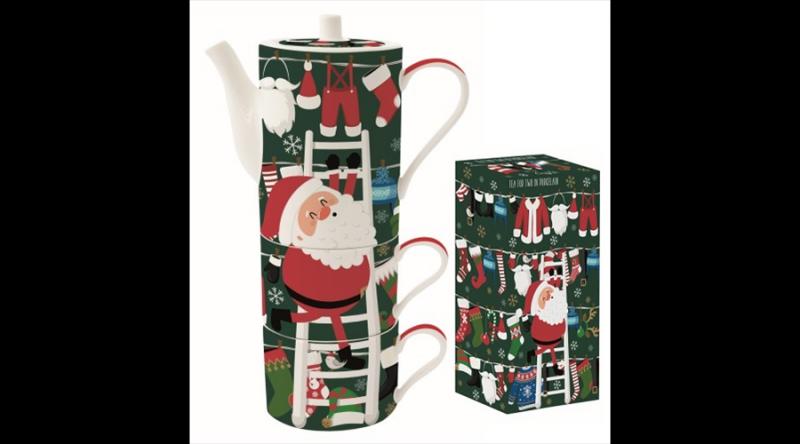 R2S.1346SOUT Porcelán bögreszett 2 db, 240ml, teáskannával 500ml, egymásba sorolós, dobozban, Santa's Outfits