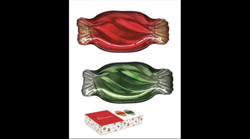 R2S.1415CTGG Szaloncukor üvegtál 2 db-os szett, piros-zöld, 20,5x9cm, dobozban, Christmas Twist