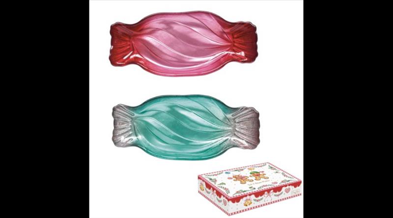 R2S.1415SWGB Üvegtálszett 2 db-os, 20,5x9cm, szaloncukor forma, dobozban, Sweet Christmas