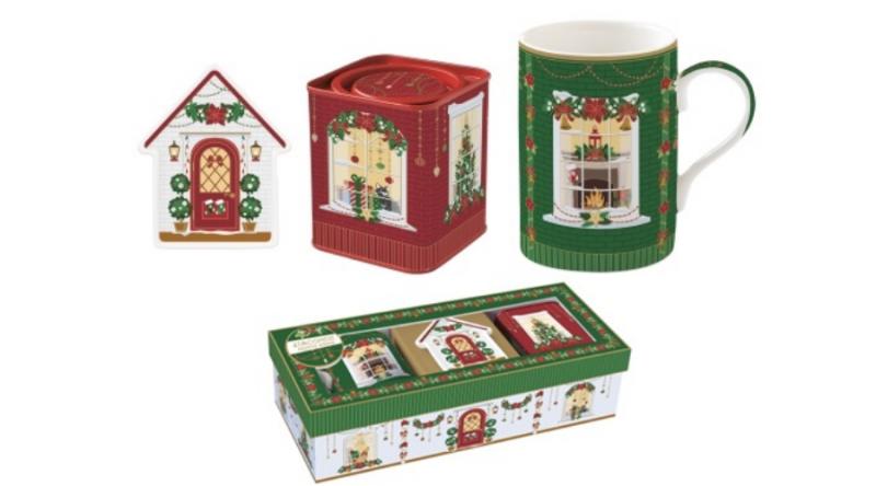 R2S.1445FEAV Porcelánbögre 350ml+teafiltertartó 8,5x10,5cm+fémdoboz 7,5x7,5x9cm, ajándékszett dobozban, Festive Avenue Atmosphere