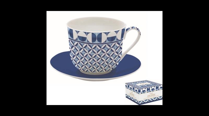 R2S.1454GBLU Porcelán reggelizőcsésze+alj, 400ml, dobozban, Geometric Blue, Atmosphere