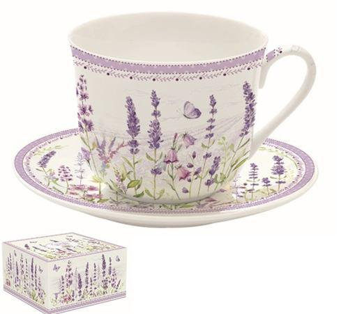 R2S.1454LAVF Porcelán reggelizőcsésze+alj 400ml,dobozban,Lavender Field, levendula mintás