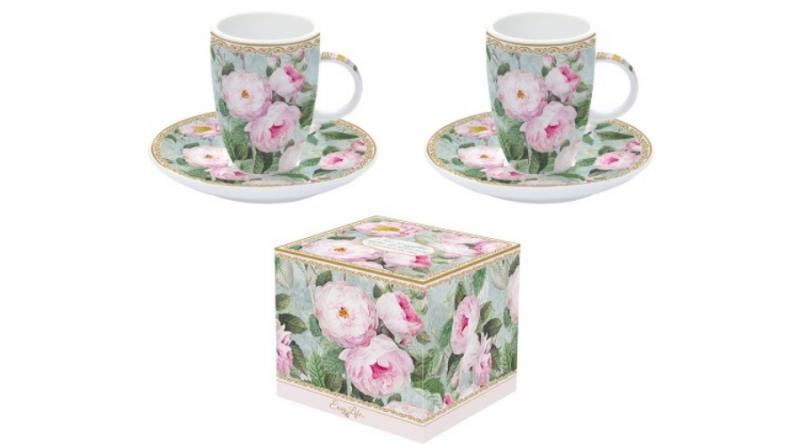 R2S.1460ROBL Porcelán eszpresszócsésze+alj 2 személyes 50ml dobozban,Roses in Bloom