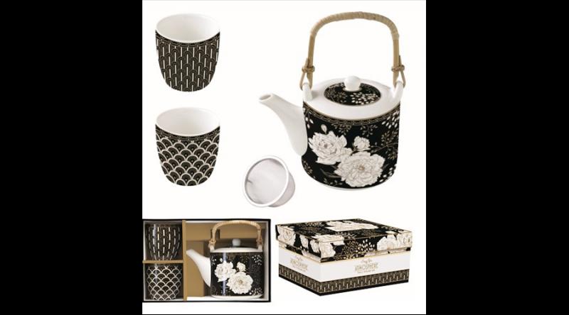 R2S.1467ARTF Porcelán teáskanna 600ml, fémszűrővel, 2 porcelánpohárral 160ml, dobozban, Art Deco & Flowers, Atmosphere