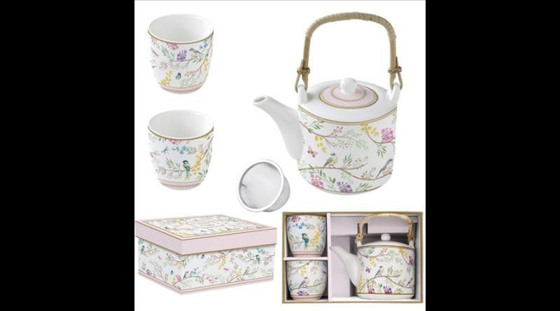 R2S.1467BIME Porcelán teáskanna 600ml, fémszürővel, 2 porcelánpohárral 160ml, dobozban, Birds Melody