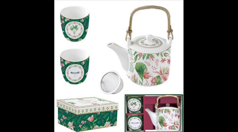 R2S.1467BOCH Porcelán teáskanna 600ml, fémszürővel, 2 porcelánpohárral 160ml, dobozban, Botanical Chic