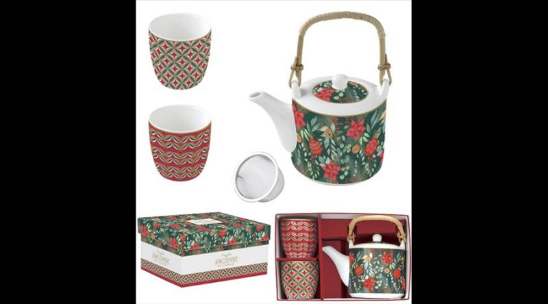 R2S.1467CJOY Porcelán teáskanna 600ml, fémszürővel, 2 porcelánpohárral 160ml, dobozban, Atmosphere, Christmas Joy