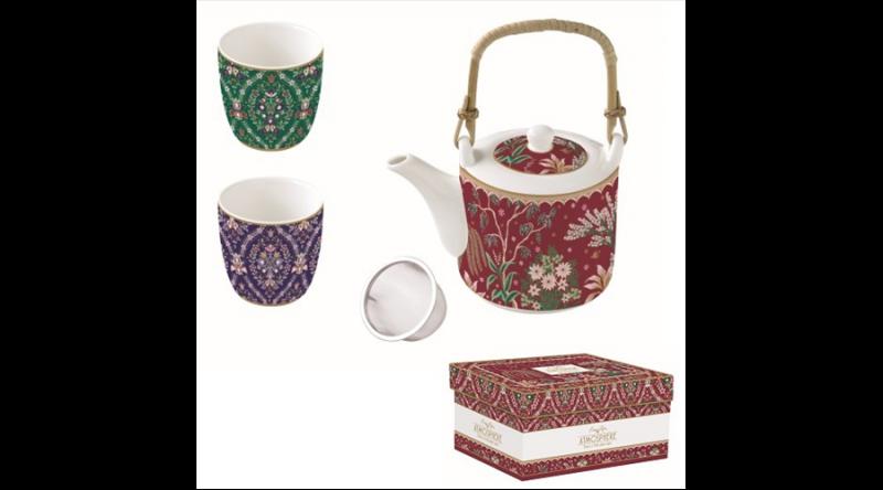 R2S.1467ECLE Porcelán teáskanna 600ml, fémszürővel, 2 porcelánpohárral 160ml, dobozban, Atmosphere, Eclectic Chic