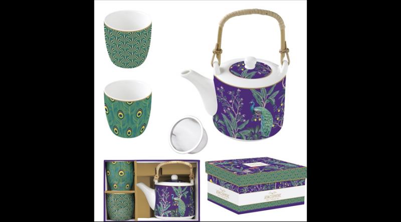 R2S.1467IMPP Porcelán teáskanna 600ml, fémszűrővel, 2 porcelánpohárral 160ml, dobozban, Imperial Peacock, Atmosphere
