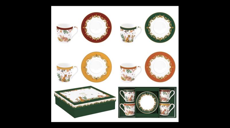 R2S.1475FODR Porcelán eszpresszócsésze+alj 4 személyes, 100ml, dobozban, Forest Dream