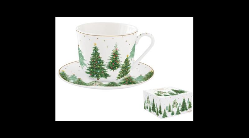 R2S.1478FTRE Porcelán reggelizőcsésze+alj 400ml, dobozban, Festive Trees