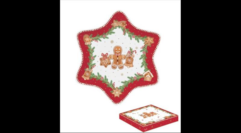 R2S.1484FANG Porcelán csillagtálca 22,5cm, dobozban, Fancy Gingerbread