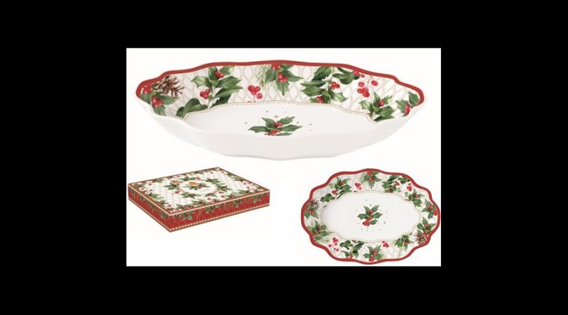 R2S.1487CHBE Porcelán ováltál 24,5x17x4,5cm, dobozban, Christmas Berries