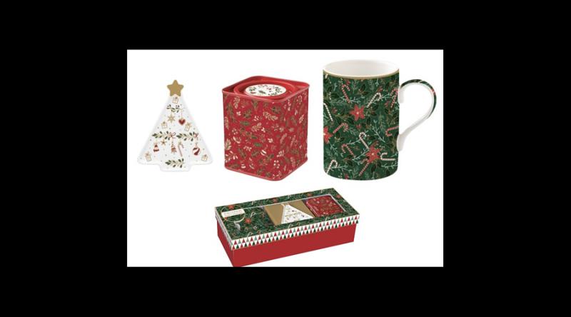 R2S.1498FACH Porcelánbögre 350ml, +teafiltertartó 8,5x10,5cm+fémdoboz 7,5x7,5x9cm, ajándékszett dobozban, Fancy Christmas, Atmosphere