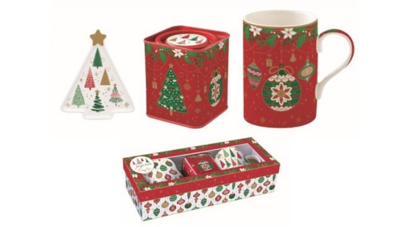 R2S.1498JING Porcelánbögre 350ml, +teafiltertartó 8,5x10,5cm+fémdoboz 7,5x7,5x9cm, ajándékszett dobozban, Jingle Bells, Atmosphere