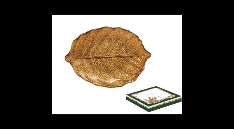 R2S.1534FODO Nyírfalevél üvegtányér 26x18cm, dobozban, Forest Dream