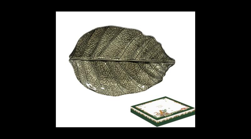 R2S.1535FODG Nyírfalevél üvegtányér 32x21cm, dobozban, Forest Dream