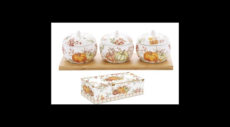 R2S.1576HARV Porcelántálka fedővel, 3 db, tökformájú, bambusztálcán 28x9,5x9cm, dobozban, Harvest