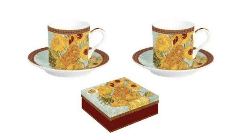 R2S.169VAN1 Porcelán eszpresszócsésze+alj 2 személyes, 75ml, dobozban, Van Gogh: Napraforgók