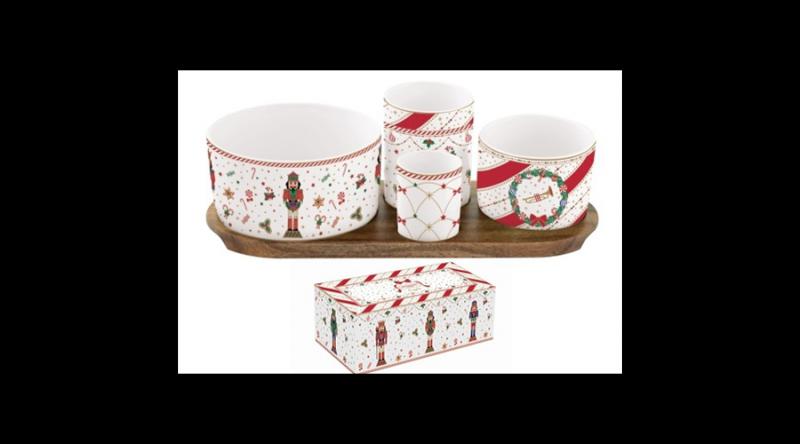 R2S.2073NTWI Porcelán kínálótálka szett 4db-os(dia:11,5/8/6,5/4,5cm),akácfa tálcán 29x13cm, dobozban, Nutcracker Twist