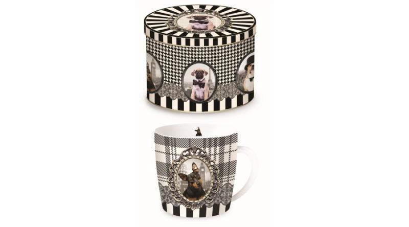 R2S.217DOGB Porcelánbögre fémdobozban 250ml, Barocco Dogs B