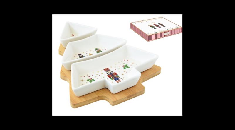 R2S.2180NUTC Fenyőfa porcelántál szett 3 részes, bambusztálcán 25,5x21cm, dobozban, Nutcracker