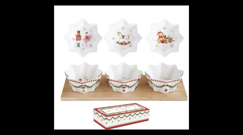 R2S.2183MNOE Porcelán csillagtálka szett 3 db-os, bambusztálcán, 34x12cm, Magie de Noel
