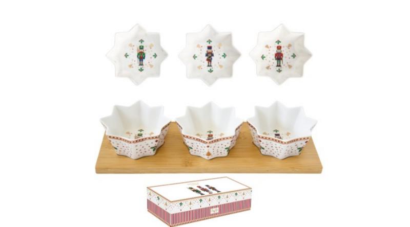 R2S.2183NUTC Porcelán csillagtálka szett 3 db-os, bambusztálcán, 34x12cm, Nutcracker