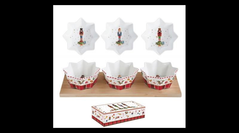 R2S.2183VNUT Porcelán tálkaszett 3 db-os, bambusztálcán, 34x12cm, dobozban, Vintage Nutcracker