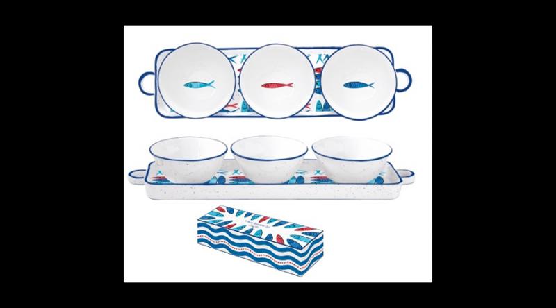 R2S.2216SARD Porcelán tálkaszett 3db-os 10cm,porcelántálcán 37x10cm dobozban,Sardine's Party