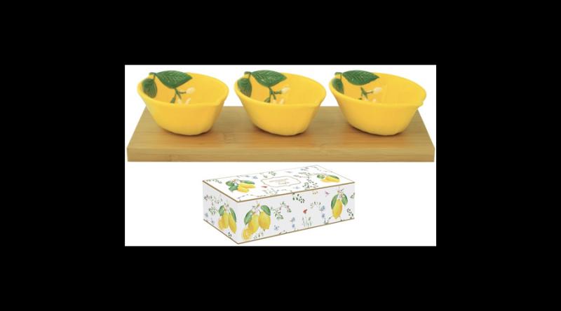 R2S.3033FCIT Sárga citrom porcelán tálkaszett 3db-os, bambusztálcán 25x9,5cm, dobozban, Fleurs et Citrons