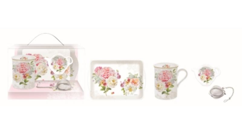 R2S.306ROLC Teázós szett porcelánbögrével, 250ml,műanyag  kistálcával, teafiltertartóval és fémszűrővel, Romantic Lace