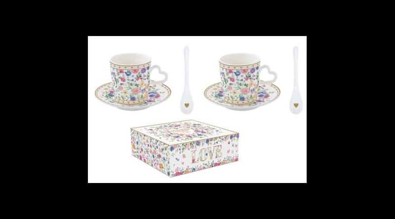 R2S.3107MAMO Porcelán eszpreszócsésze+alj, 2 személyes, 100ml, porcelánkanállal, dobozban,Mon Amour