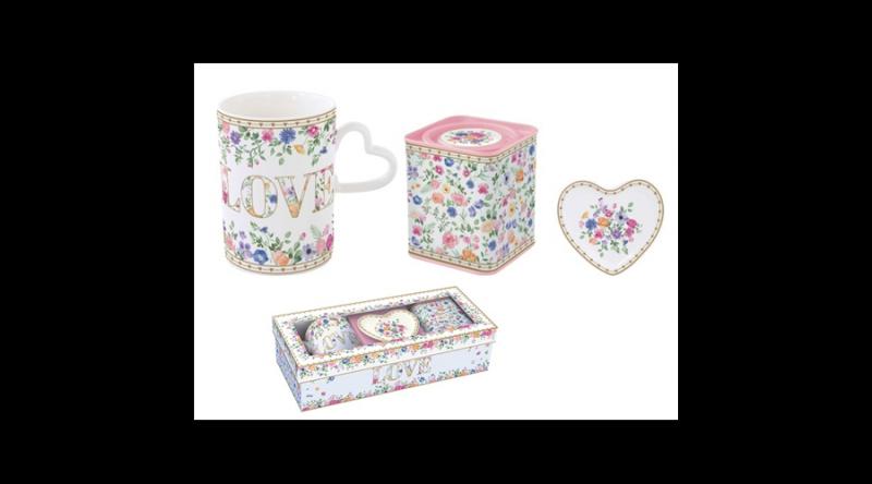 R2S.3108MAMO Porcelánbögre 350ml, +teafiltertartó 9x10cm+fémdoboz 7,5x7,5x9cm, ajándékszett dobozban, Mon amour