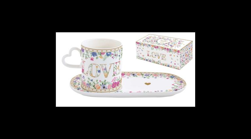 R2S.3114MAMO Porcelánbögre 320ml, porcelántálcán 23x12cm, dobozban,Mon Amour