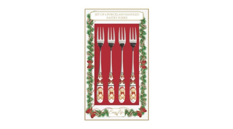 R2S.969MNOE Rozsdamentes süteményes villaszett 4 db-os, porcelánnyéllel, Magie de Noel