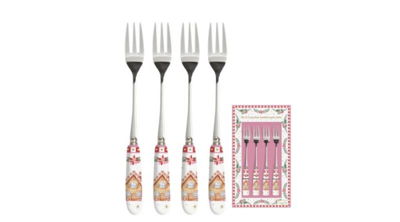 R2S.969SWEC Rozsdamentes süteményes villaszett 4 db-os, porcelánnyéllel, Sweet Christmas