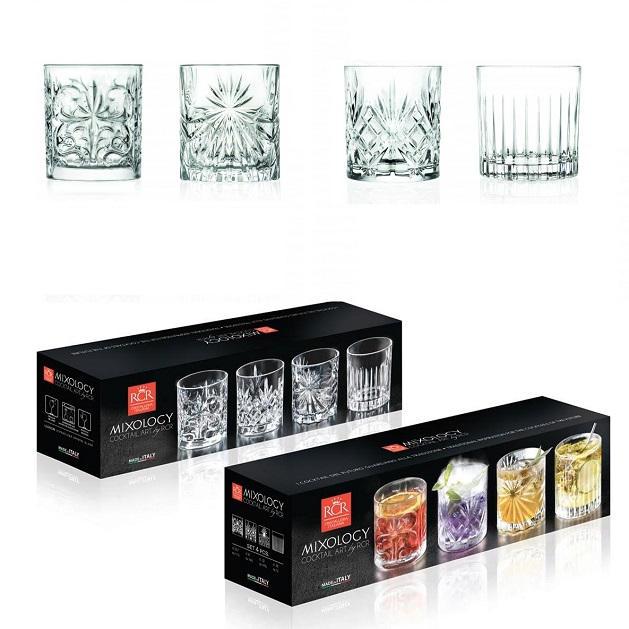 RCR MIXOLOGY DOF whiskys pohár set 4 db, üveg, különböző mintákkal