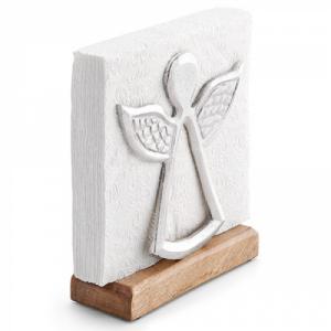 AMB.19402510 Fém szalvétatartó fa aljjal,álló, ezüst színű angyal