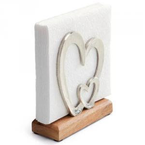 AMB.19402530 Fém szalvétatartó fa aljjal,álló, dupla szív