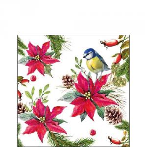 AMB.32514640 Bird on Poinsettia white papírszalvéta 25x25cm, 20db-os