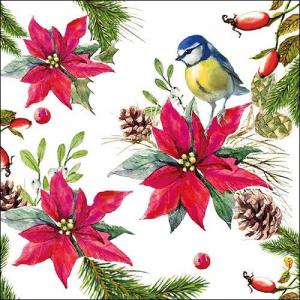 AMB.33314640 Bird on Poinsettia white papírszalvéta 33x33cm, 20db-os