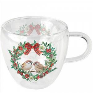 AMB.34418870 Sparrows in wreath duplafalú borosilicate üvegcsésze 0,25L