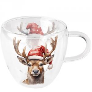 AMB.34420280 Deer with Santa hat white duplafalú borosilicate üvegcsésze 0,25L