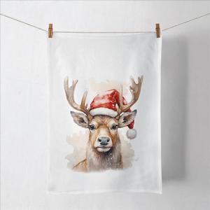 AMB.37820280 Deer with Santa hat white konyharuha 50x70cm, 100% pamut