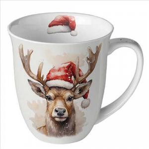 AMB.38420280 Deer with Santa hat white porcelánbögre 0,4l
